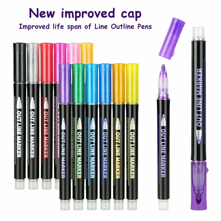 12 Colors Art Marker Glitter Colors Double Line Outline Pens DIY Metallic  Marker