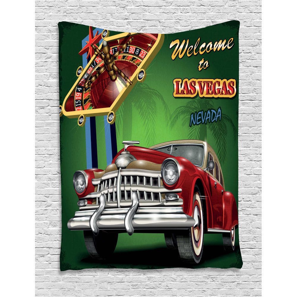 Las Vegas Tapestry, Sign to Nevada with Retro Car and Roulette