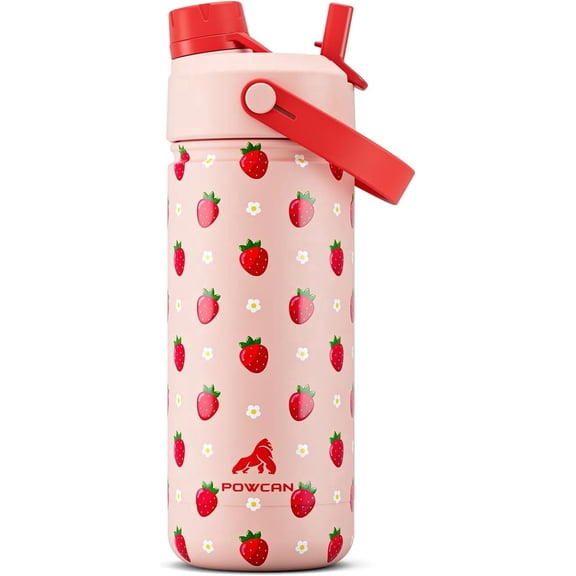 POWCAN 18 oz Kids Insulated Stainless Steel Water Bottle, 2-in-1 Straw & Spout Lid, Leak-Proof, Keep Cold 24H, BPA-Free Kids Cup for School, Sports, Travel, Gift (Strawberry Daisy)