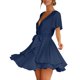 thumbnail image 2 of Mujer Casual Manga Corta Verano Cintura Corbata Doble Capa Volantes Cuello V Vendaje Túnica Vestido Sólido Fridja  qw4205, 2 of 9
