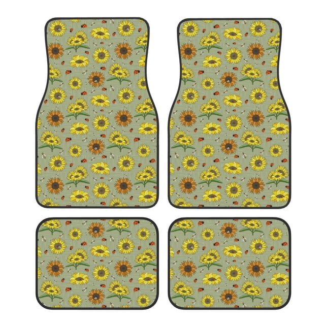 Lsque Tapis de Sol 4 Pcs Vert Sauge avec Imprimé Tournesols, Doublures en Caoutchouc Résistantes, Design Antidérapant, Protection Automobile Toutes Saisons, Véhicules, Voitures, Camions et SUV