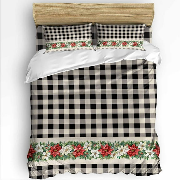 Black White Plaid Twin Size Comforter Set, Poinsettia Christmas Winter Flowers Soft Bedding for All Seasons, 4 Pcs Bed Set with 1 Comforter (68"x86") ,1Sheet(66"x116"), 2 Pillowcases (19"x29")