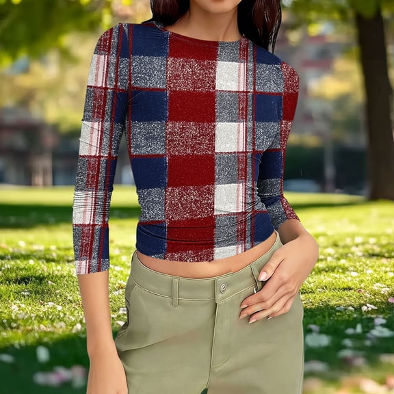 Women's Casual 3/4 Sleeve Round Neck Loose Fit Printed T-Shirt Blouse Top