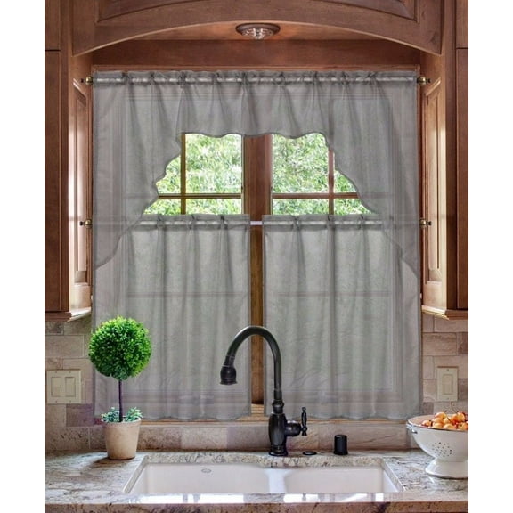 K66 CHARCOAL 3-PC Luxurious Sheer Organza Kitchen Rod Pocket Window Curtain Treatment Set, Beautiful Solid Tier Panels with Matching Swag Valance
