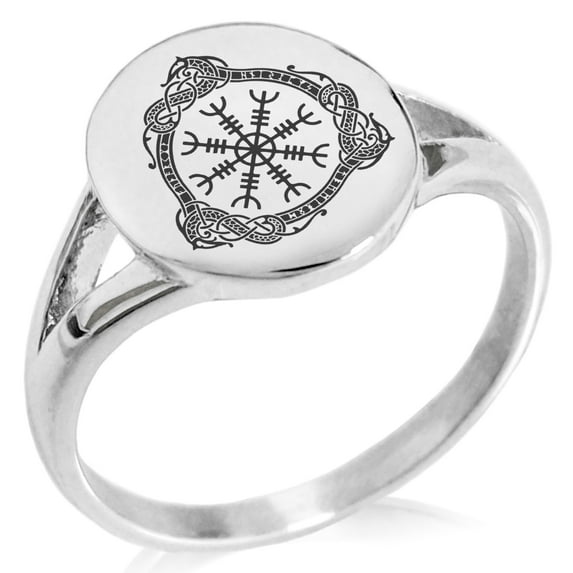 Stainless Steel Aegishjalmur Awe & Terror Helm Viking Rune Minimalist Oval Top Polished Statement Signet Ring
