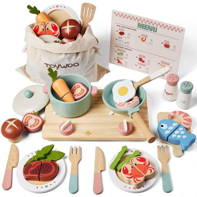 Juego de cocina de madera Toywoo para niños pequeños, 27 x 25 cm