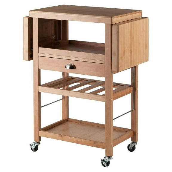 Bamboo Kitchen Cart with Drop Leaves & Wine Rack - Rolling Kitchen Island for Dining & Prep - Natural Finish 45.28"W x 35.43"H x 15.16"D