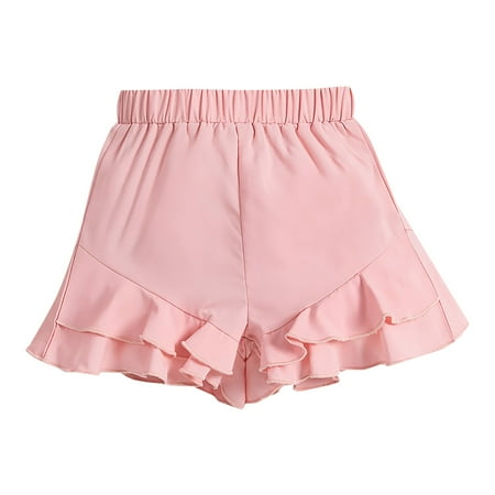 Icvfdpl Shorts For Teen Girls Summer Solid Color Pink Mid Waist Ruffle Daily Summer Wear Breathable Streetwear 5 Years-6 Years