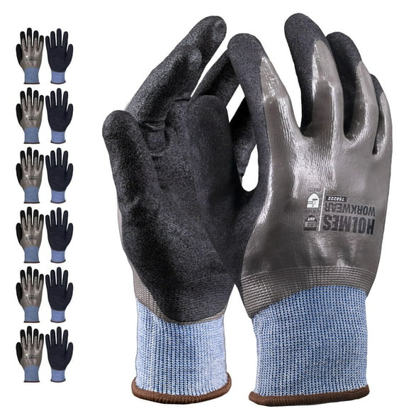 Holmes Workwear 6 Pair A4 Cut Resistant Work Gloves for Men, Double Coated with Sandy Nitrile Coating with Grip for Glass, Knife Cutting Gloves Level 4, Touchscreen Compa