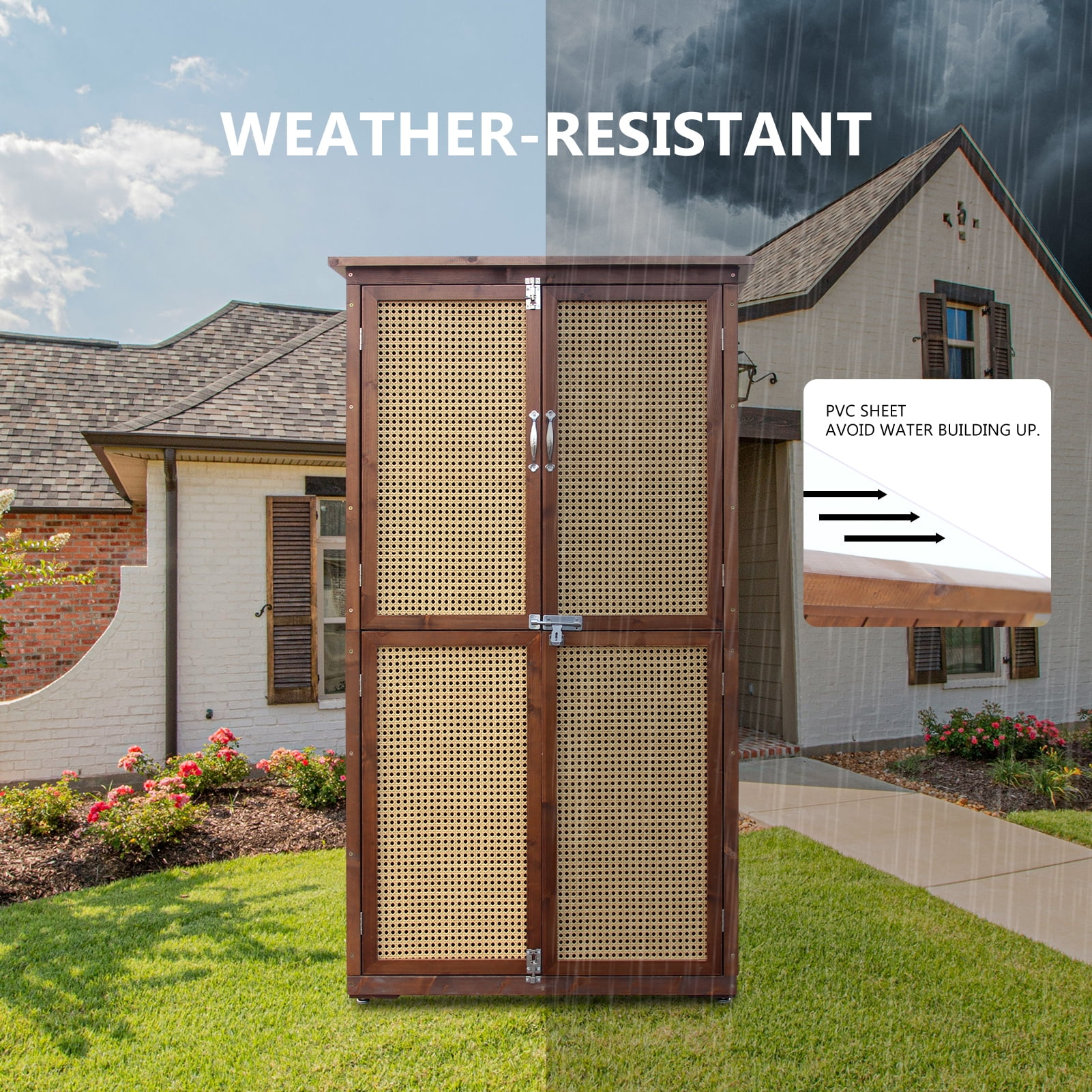 Outdoor Storage Cabinet, Beneouya 60.6" Wooden Garden Shed with 2 Removable Shelves & Waterproof Roof for Garden, Lawn, Patio - Carbonized Black