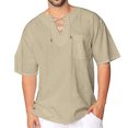 thumbnail image 2 of Hombres Camiseta con Cuello en V Correa Cruzada Manga Corta Color Puro Casual Top de Verano para Uso Diario Beige L, 2 of 8