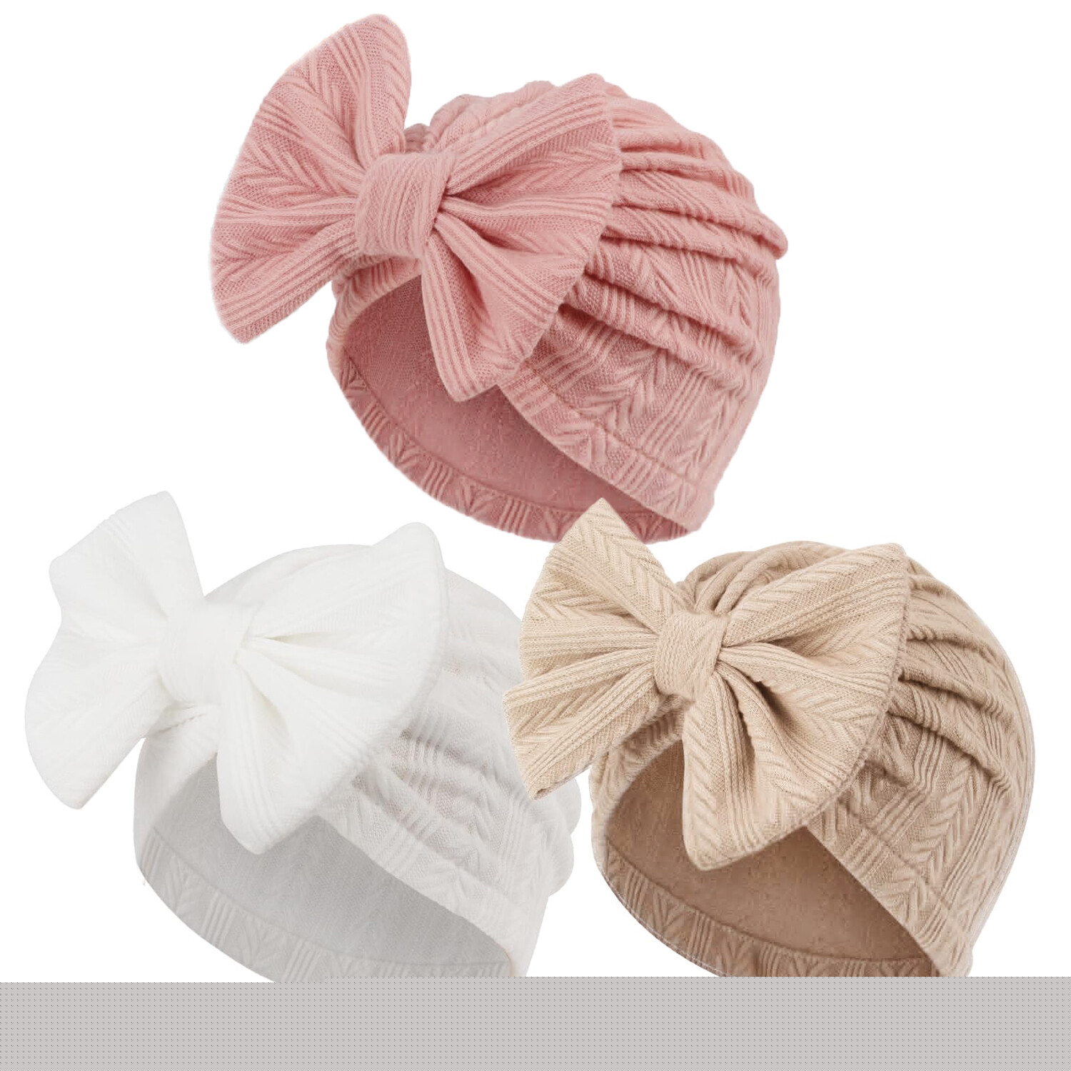 3 Pack Newborn Baby Girls Hats, Infant Turban Hats with Big Bow Beanie Toddler Cap Newborn Hospital Hats for Baby Girls Kids