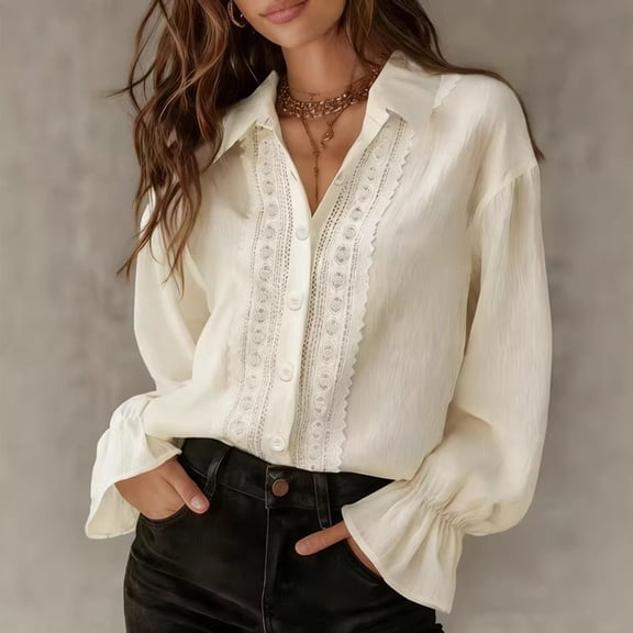 ClodeEU Women's Satin Button Down Blouse, Long Sleeve V Neck Work Shirt with Cuffed Sleeves Beige,Women's Plus L
