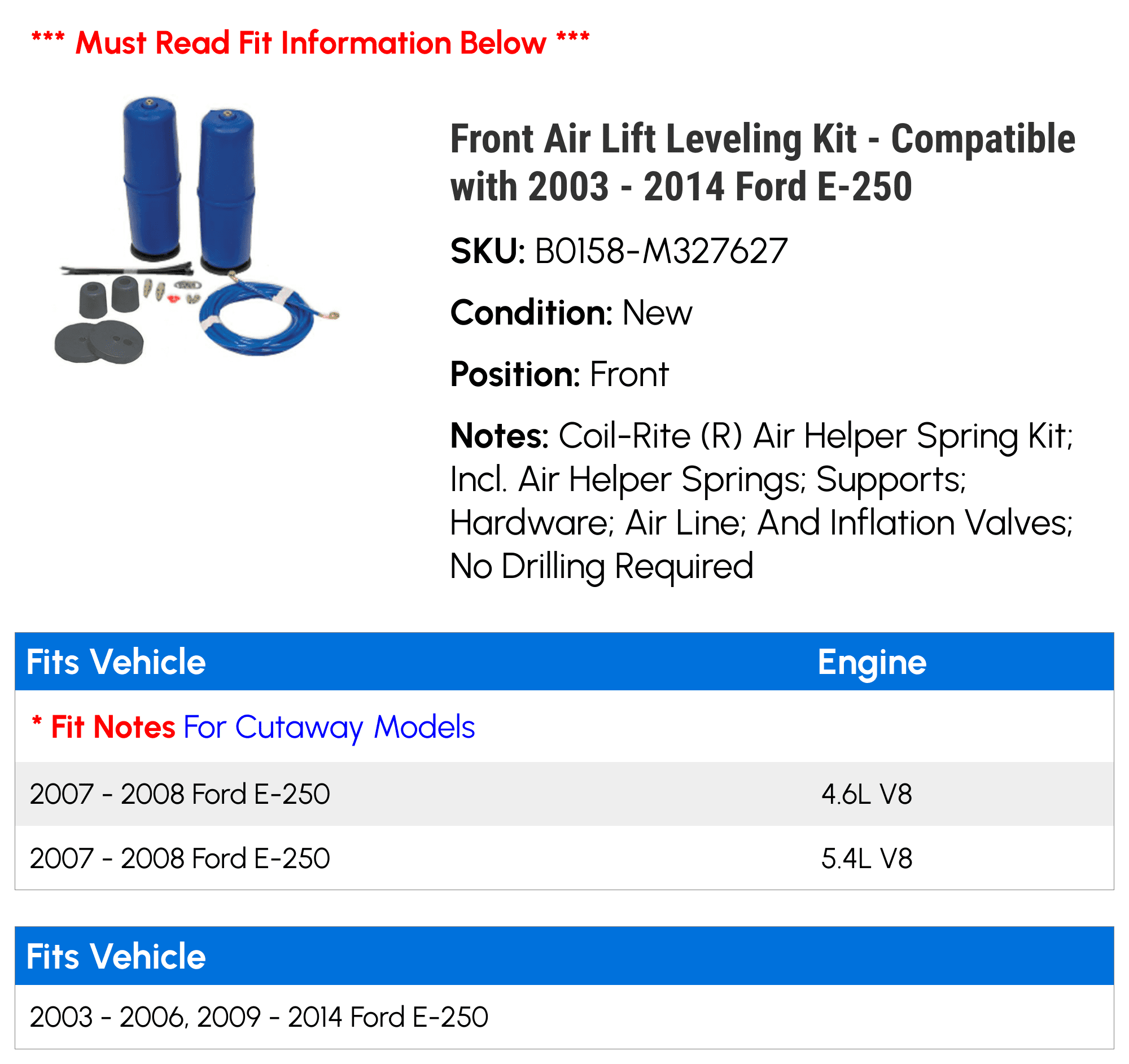 Front Air Lift Leveling Kit - Compatible with 2003 - 2014 Ford E-250 2004 2005 2006 2007 2008 2009 2010 2011 2012 2013