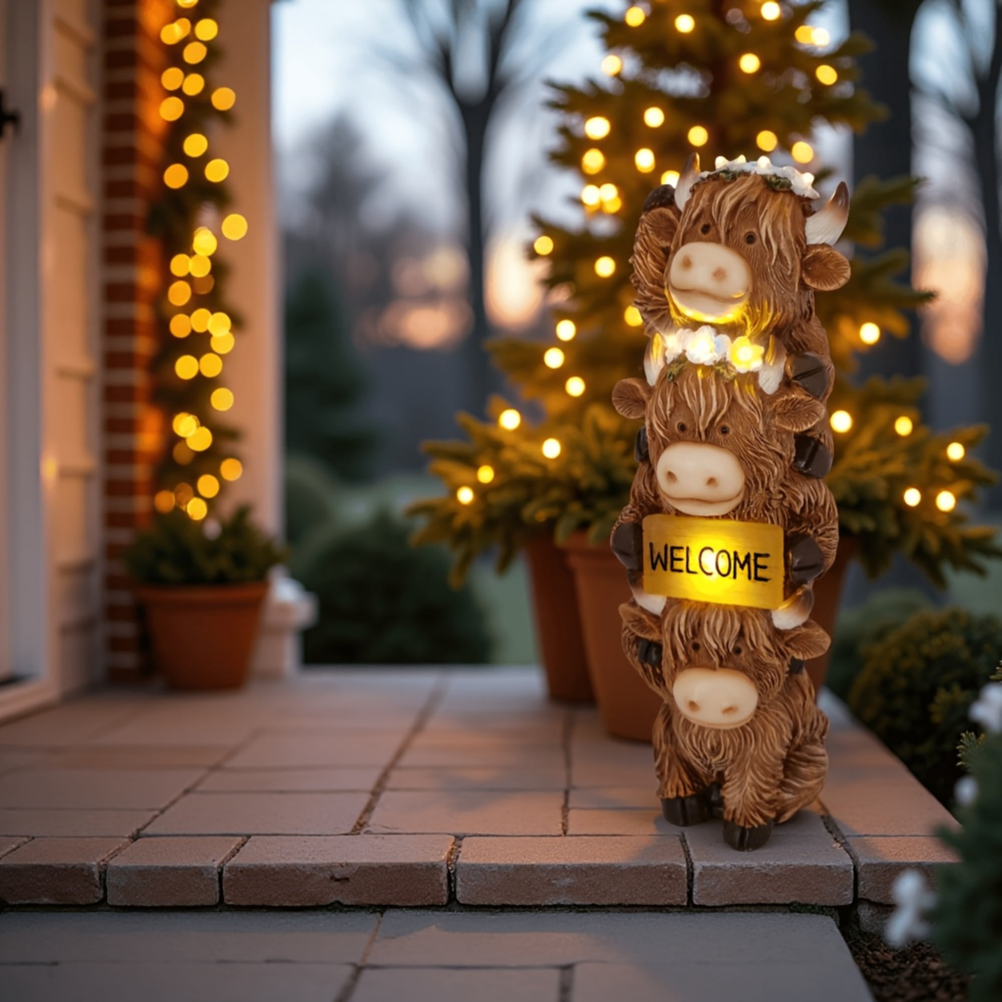 Highland Cow Statue Garden Decor with Glowing Flowers and Welcome Sign Lights, Resin High Mountain Cattle Solar Sculptures for Patio Yard Porch Outdoor Decoration