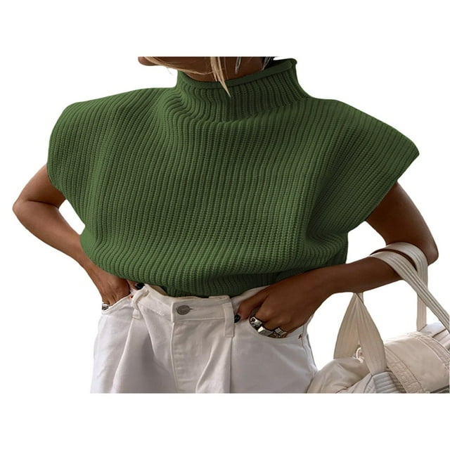 Femmes Épaulette Pull Haut Col Roulé Sans Manches Pull Large Épaule Tricotée Pull Haut