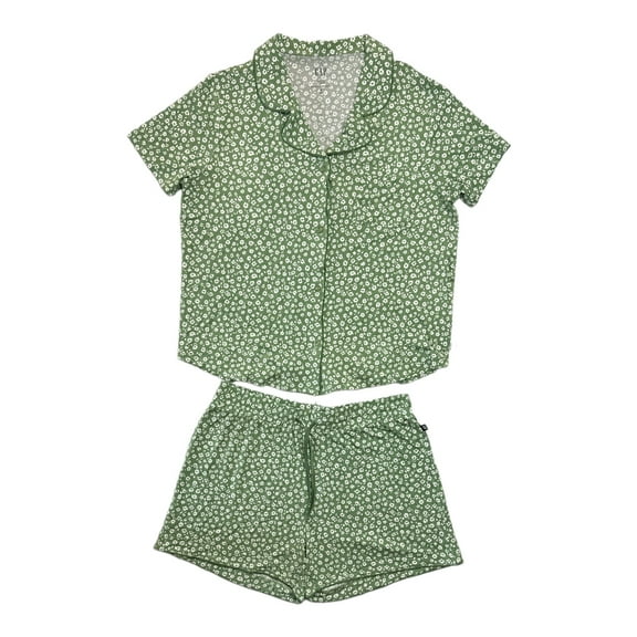 GAP Women's 2-Piece Short Sleeve Notch Collar Top & Short Sleep Set (Green Floral, XXL)