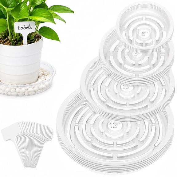 Teblint 24-Pack Clear Plant Saucer, 6/8/10/12 Inch Flower Pot Saucers Plastic Plant Drip Trays with 24 Pcs Plant Labels, for Indoor & Outdoor Garden
