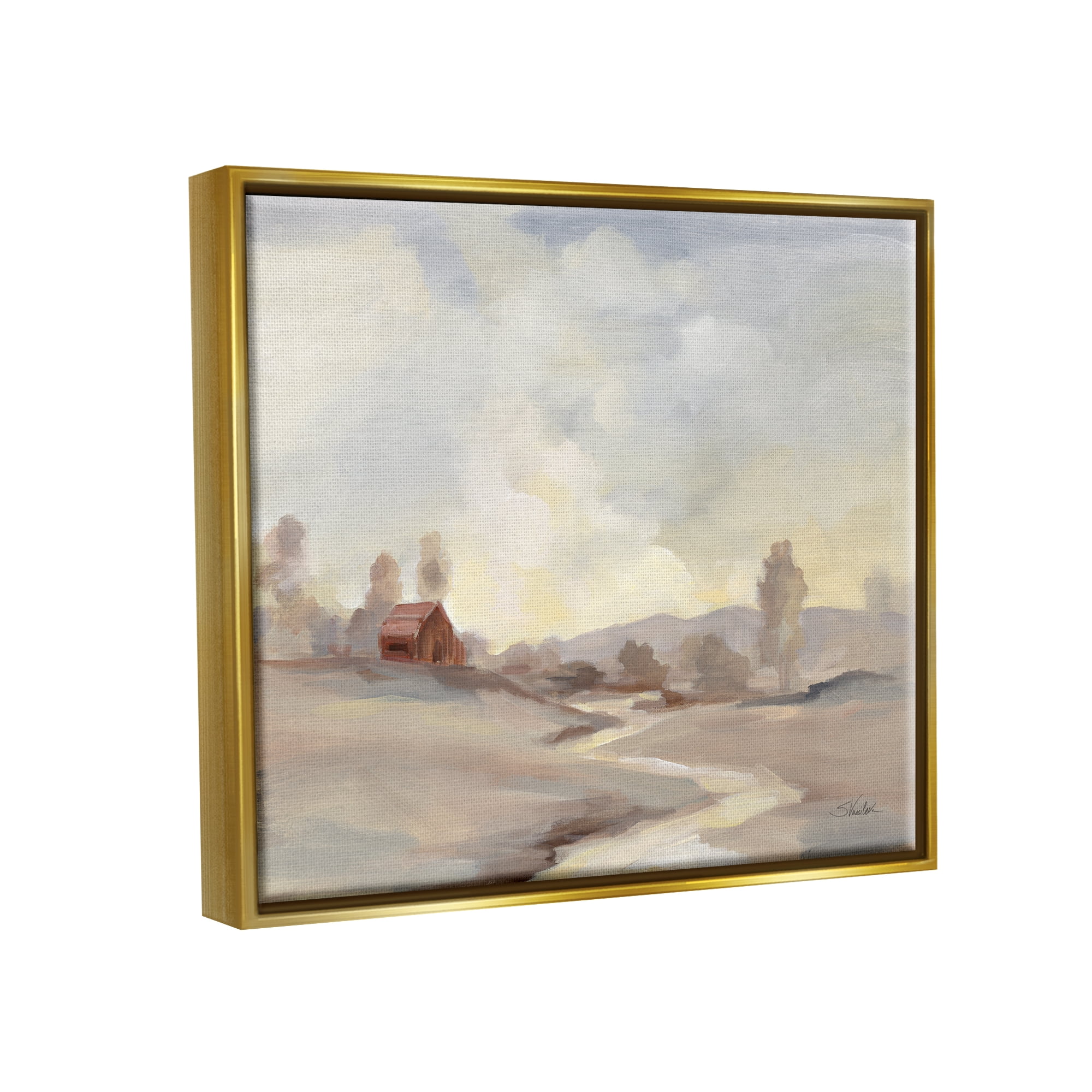 Stupell Industries Abstract Cabin Landscape Nature Painting Gold Floater Framed Art Print Wall Art, 31 x 25