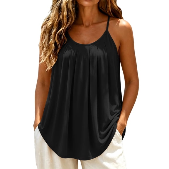 Yigetop Women's Pleated Tank Tops Spaghetti Strap Camisole Curved Hem Fashion Casual 2026 Summer Tops Daily Wear Black L