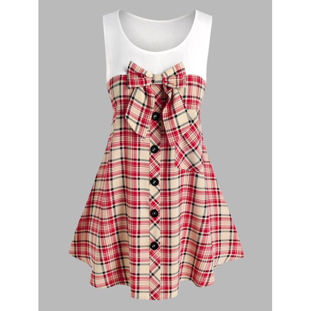 Blusa Talla Extra Sin Mangas a Cuadros Bolsillo Rosegal Blusas Tallas Grandes