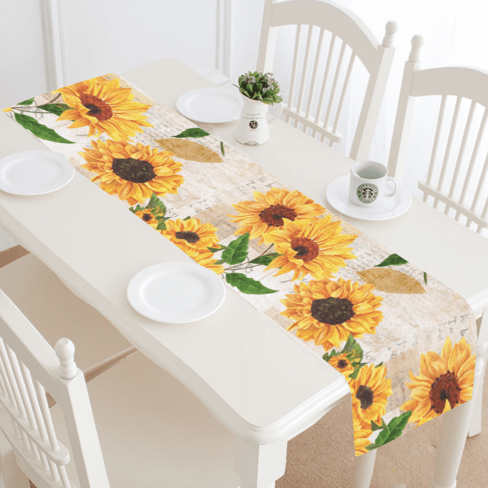 SUNENAT Vintage Sunflowers on Postcards Newspaper Table Runner Linen