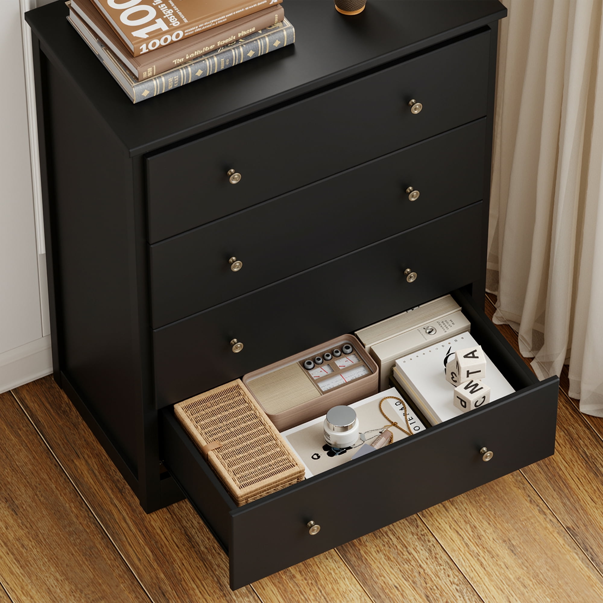 Homfa Dresser Chest, Modern Chest Organizer with 4 Drawers for Bedroom, Black Finish