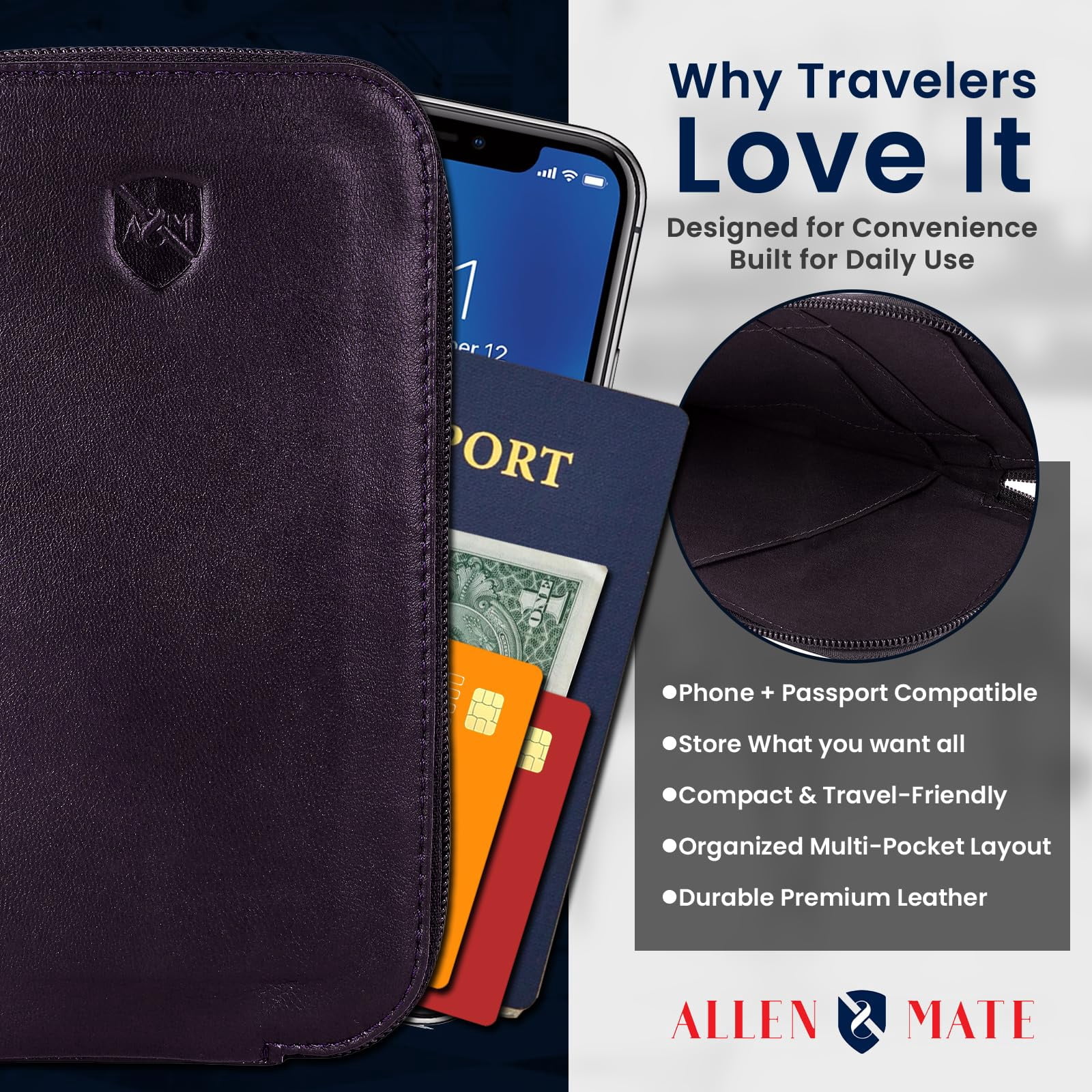 ALLEN & MATE Genuine Leather Phone Pouch Case Sleeve with Zip – Slim Mobile Phone Holder Wallet for Passport ID and Cards Fits iPhone 17 Pro Max, 16, 15 Samsung Galaxy S25 & Android - Brown