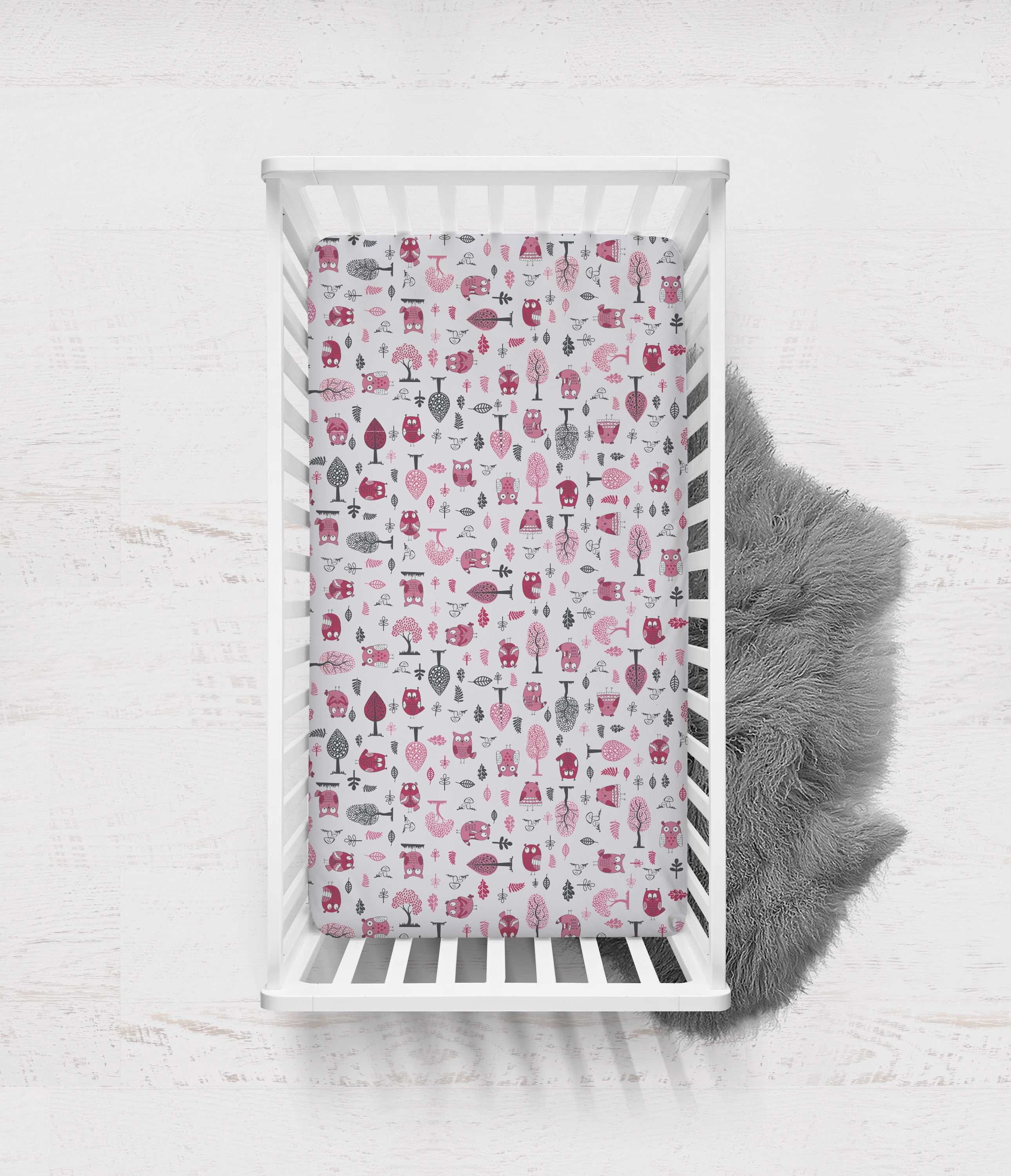 Bacati - Owls Pink/Grey Printed Crib Fitted Sheet