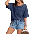 thumbnail image 2 of Blusas de Punto Gofre para Mujer, Moda 2025, Blusas de Patchwork Extragrandes con Cuello Redondo y Mangas 3/4, Azul L, 2 of 6