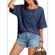thumbnail image 2 of Blusas de Punto Gofre para Mujer, Moda 2025, Blusas de Patchwork Extragrandes con Cuello Redondo y Mangas 3/4, Azul L, 2 of 6