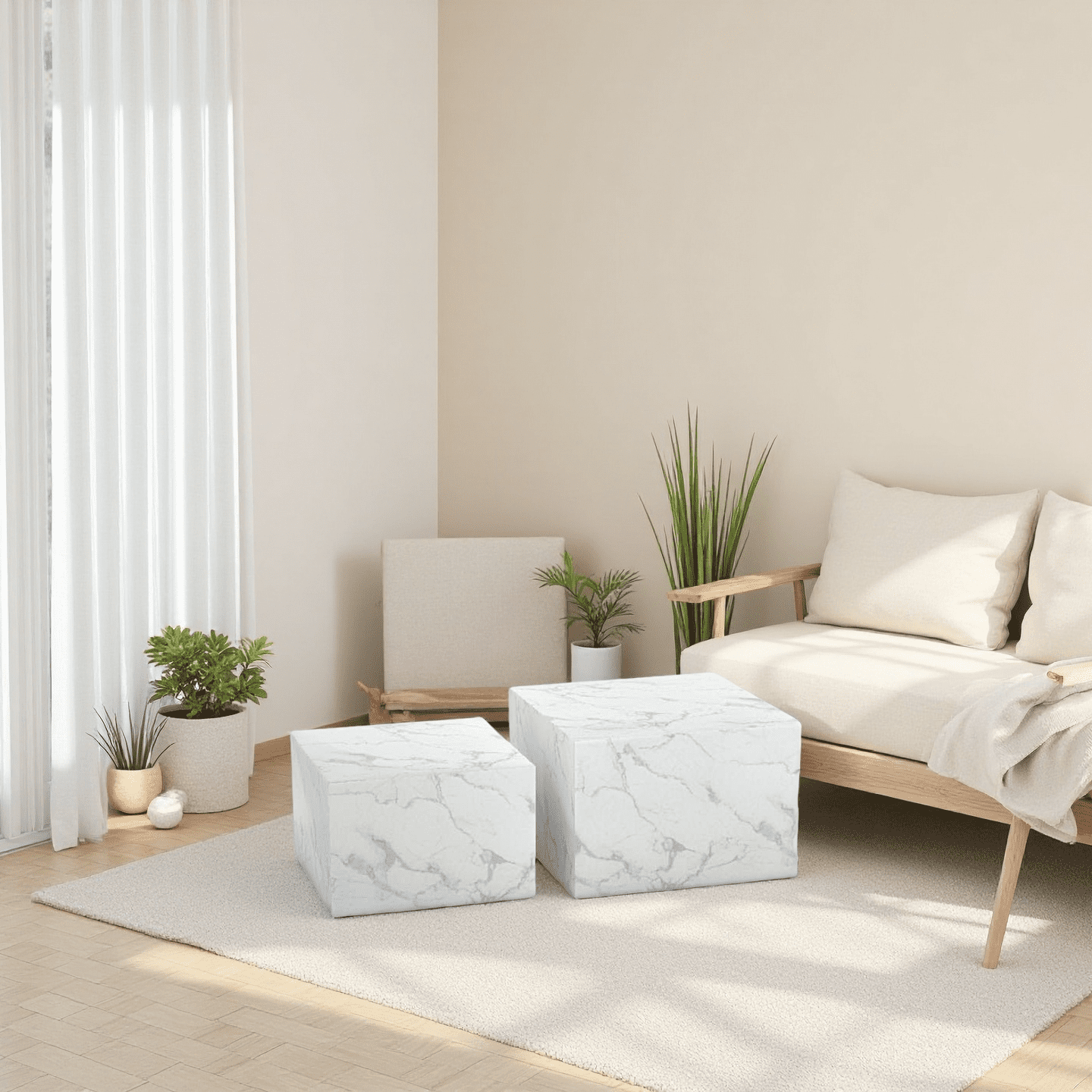 Caffoz Square Faux Marble Coffee Table Set of 2, Nesting Design, Pre-Assembled Living Room Accent Tables,Marble White