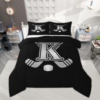 Homewish Personalized Initial K Queen Comforter Set for Kids Boys Girls, Ice Hockey Sport Bedding Sets, Black and Gray Bedding Comforter Set, Luxury Bedroom Decor