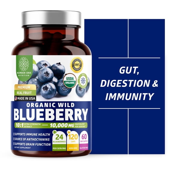 USDA Organic Wild Blueberry Extract 10:1 Concentrate, 10,000 MG per Serving Equivalent to 24 Whole Blueberries, 120 Vegan Capsules