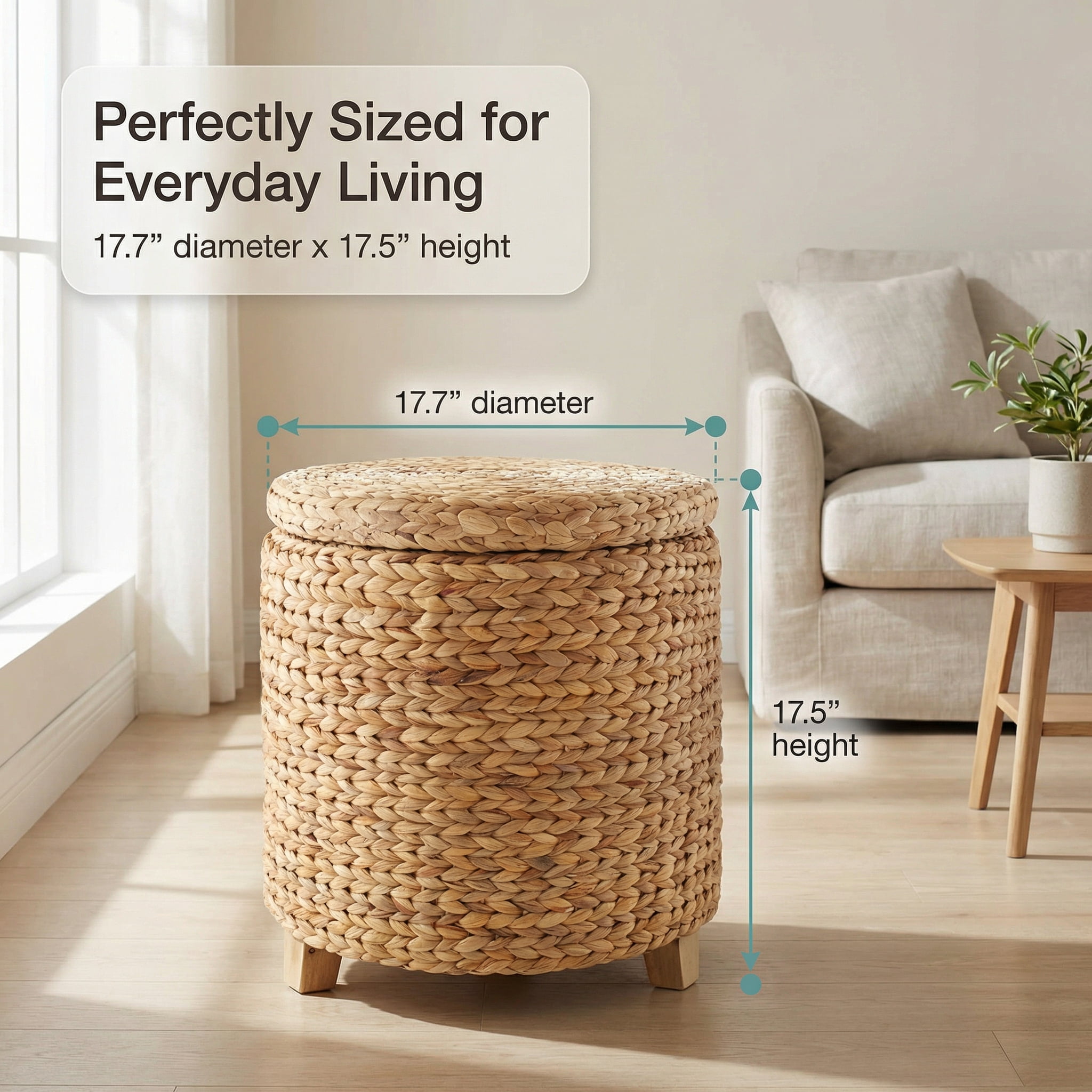 DEILSY Natural Water Hyacinth Round Storage Ottoman with Removable Lid, Fabric Liner & Wooden Feet – Handwoven Footstool Ottoman for Living Room, Bedroom & Entryway