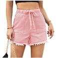 thumbnail image 2 of Bloomae Denim Shorts for Women Casual Drawstring Stretchy Elastic High Waist Comfy Short Jeans Lightweight Frayed Hem Summer Hot Pants with Pockets Pink S, 2 of 6