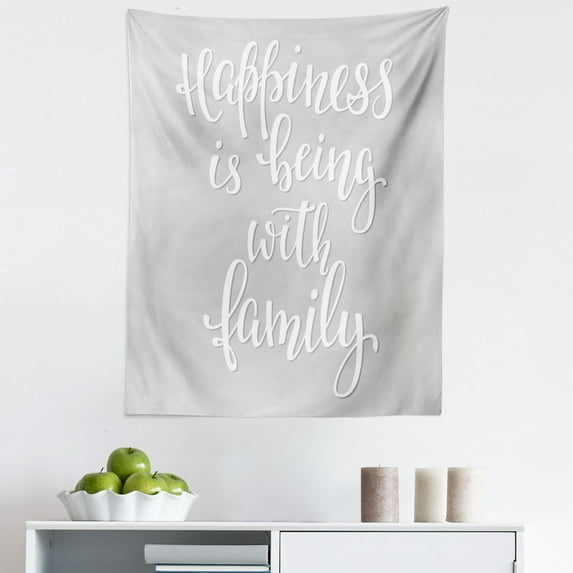 Grey and White Tapestry, Positive Family Themed Message Happiness Hand Writing Calligraphy Inspiration, Fabric Wall Hanging Decor for Bedroom Living Room Dorm, 5 Sizes, Pale Grey White, by Ambesonne