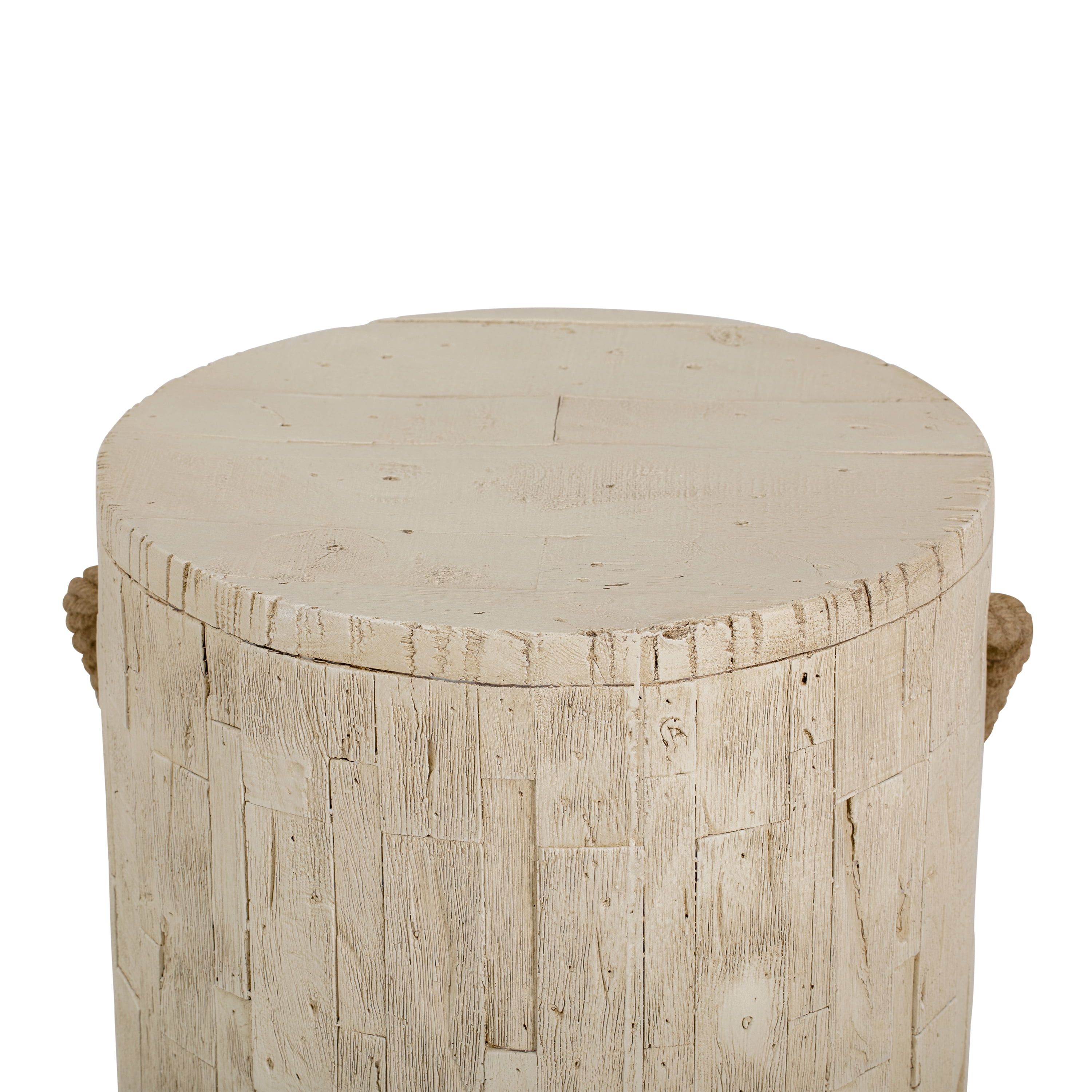 Outdoor Rustic Side Table with Realistic Wood Grain & Decorative Simulated Braided Cord, Indoor End Table for Living Room Home Office Patio Balcony Decor
