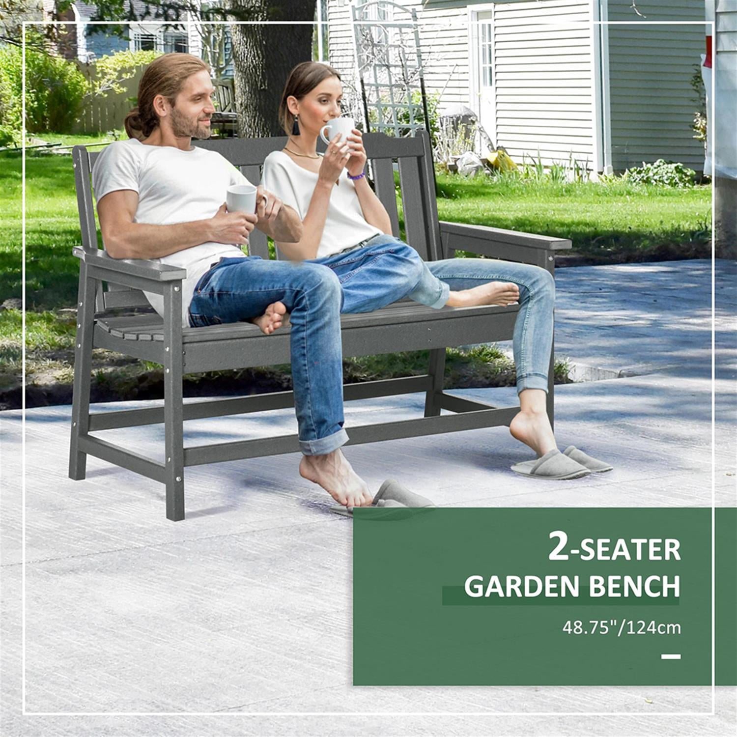 Demi Bonn 2-Person Patio Garden Bench Weather HDPE Porch Bench, Outdoor Benches Furniture with Slatted Back & Armrests for Backyard, Park, Lawn, Yard, Gray