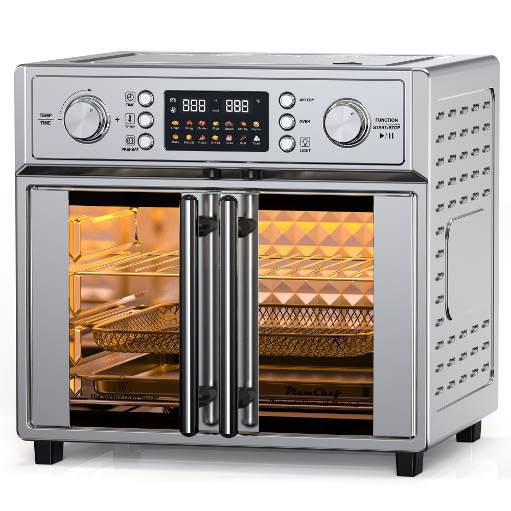 PlumChef 26QT Large Capacity French Double-Door Air Fryer Convection Toaster Oven, 1700W, 14 Preset Menus, 7-in-1 Multi-Function (Bake, Roast, Gril,Toast,Dehydrate&Defrost), Stainless Steel,silvery