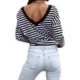 thumbnail image 5 of QAFOPEH Women Striped Print V Neck Long Sleeve Open Back T-Shirt, 5 of 6