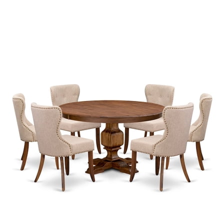 Luxe by East West Furniture 7-Pc Kitchen Table Set Of A Pedestal Table, 6 Light Tan Fabric Padded Chairs