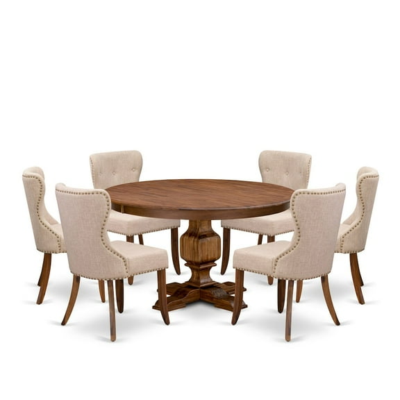 Luxe by East West Furniture 7-Pc Kitchen Table Set Of A Pedestal Table, 6 Light Tan Fabric Padded Chairs