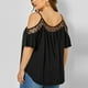 thumbnail image 4 of Camiseta de talla grande para mujer Summmer asimétrica de encaje con retazos cuello redondo manga corta informal con hombros descubiertos Fridja  bn7094, 4 of 7