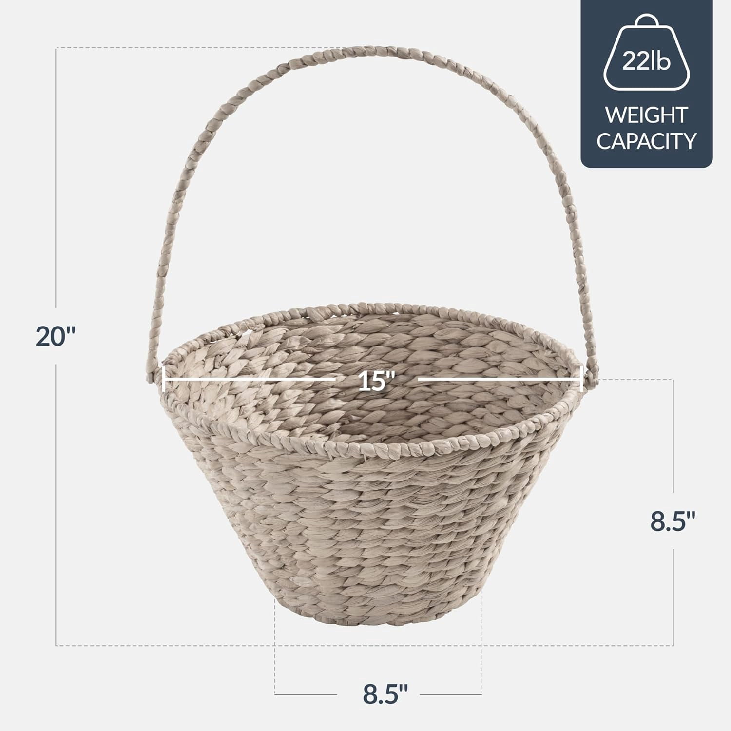 Themis Handwoven Easter Basket, Large Woven Easter Basket for Kids, Easter Egg Hunt Basket w/Collapsible Handle, Tapered Shape, Water Hyacinth - White