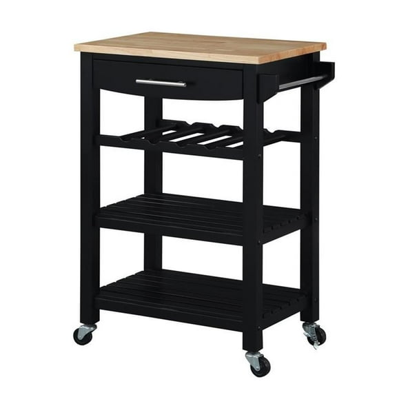 Pemberly Row 4-Tier Butcher Block Kitchen Cart w/ Drawer & Wine Rack in Black