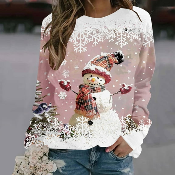 VKOYWKM Women's Christmas Snowman Print T Shirts Christmas Snowman Graphic Tees Long Sleeve Women Tops Funny Family Party Christmas T-Shirts