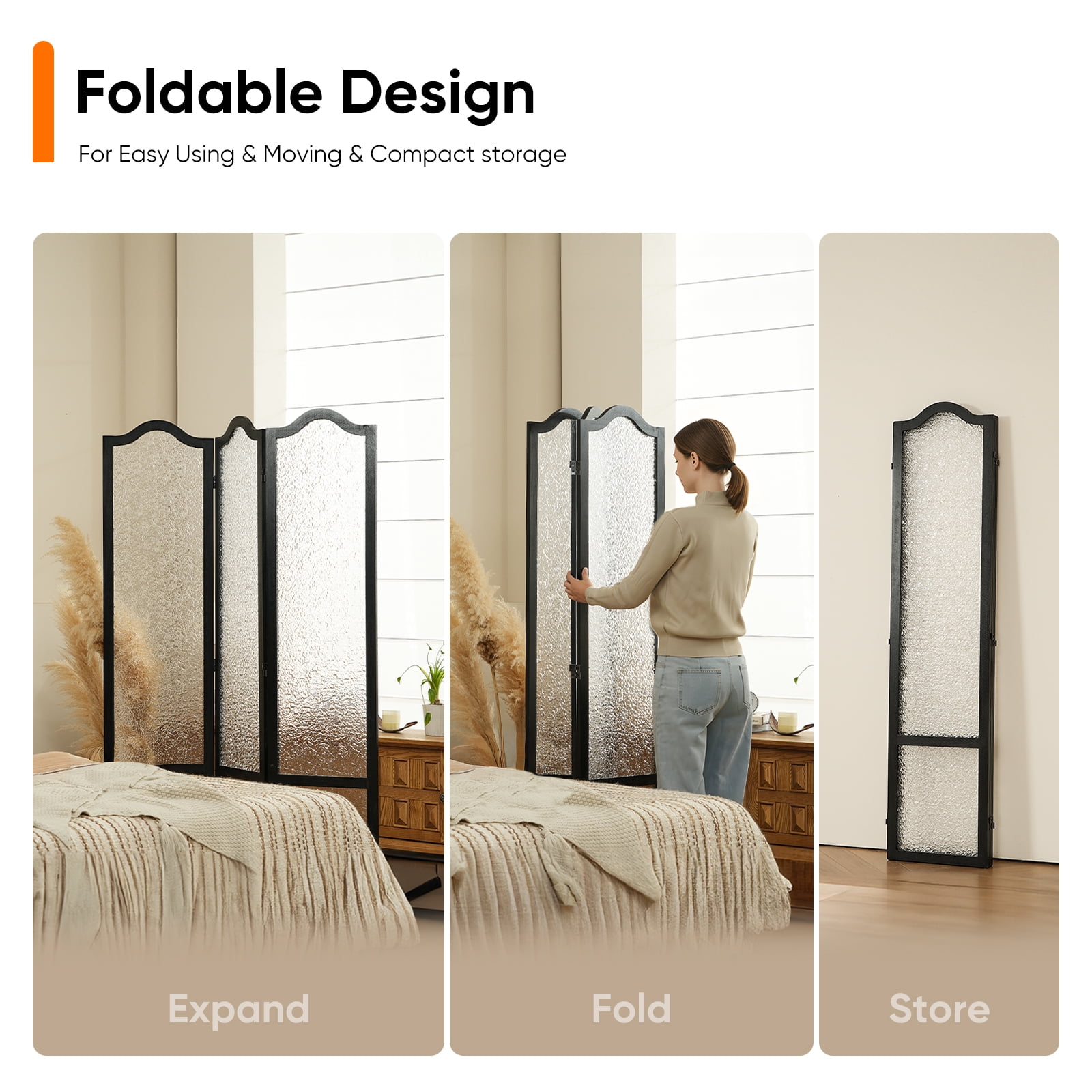 Jostyle 3 Panel Acrylic Room Divider Privacy Screen Translucent Folding Partition with Paulownia Wood Frame Black, Shatterproof & Space-Saving for Living Room, Bedroom, Office