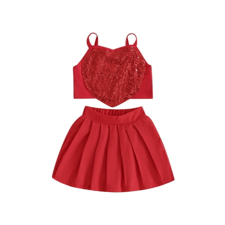 

Bslissey Kids Baby Girls Valentine’s Day Skirt Sets Sleeveless Sequins Heart Pattern Camisole and Pleated A-line Skirt 2Pcs Outfits Toddler Sweet Casual Clothes