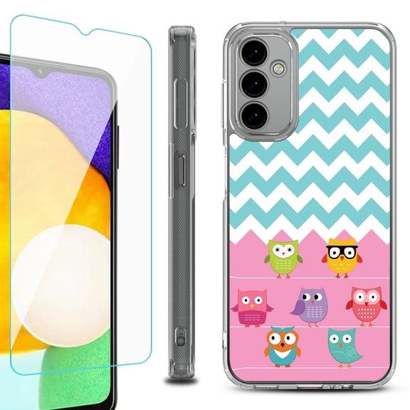 Shockproof Bumper Phone Case for Samsung Galaxy A14 5G, with Tempered Glass Screen Protector, by OneToughShield ® - Chevron/Teal/Owl
